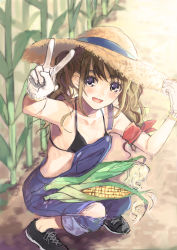 Rule 34 | 1girl, bare shoulders, bikini, bikini top only, black bikini, blue eyes, blush, breasts, brown hair, collarbone, corn, corn cob, corn field, food, gloves, hat, highres, long hair, looking at viewer, open mouth, original, overalls, shoes, small breasts, smile, sneakers, solo, squatting, straw hat, swimsuit, torn clothes, torn overalls, twintails, v, wavy hair, white gloves, yana mori
