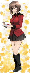 Rule 34 | 1girl, alternate costume, black footwear, black skirt, boots, closed mouth, commentary request, cup, epaulettes, full body, ginkgo leaf, girls und panzer, highres, holding, holding cup, holding saucer, jacket, leaf, leaf background, long sleeves, looking at viewer, military, military uniform, miniskirt, nakahira guy, nishizumi maho, orange background, partial commentary, pleated skirt, red jacket, saucer, short hair, skirt, smile, solo, st. gloriana&#039;s military uniform, standing, teacup, thighs, uniform