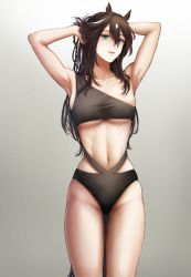 Rule 34 | 1girl, animal ears, arknights, armpits, arms up, bare arms, bare shoulders, black hair, black shirt, breasts, commentary request, cowboy shot, gradient background, green eyes, grey background, groin, hair between eyes, hands in hair, highres, horse ears, long hair, looking at viewer, medium breasts, meteor (arknights), midriff, navel, parted lips, shirt, single-shoulder shirt, smile, solo, standing, stomach, thighs, tsukumo momo, underboob