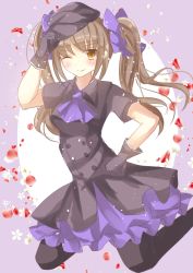 Rule 34 | 1girl, alternate costume, ascot, bad id, bad pixiv id, bow, brown eyes, brown hair, erika (ym0311), gloves, hair bow, hand on own hip, hat, highres, himekaidou hatate, one eye closed, petals, solo, touhou, twintails