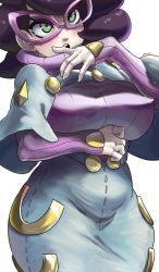 Rule 34 | 1girl, artist name, bad hands, belly, blush, breasts, capelet, covered erect nipples, cowboy shot, creatures (company), eyelashes, fingernails, game freak, glasses, green eyes, hand to own mouth, hands up, high-waist skirt, highres, large breasts, long sleeves, nintendo, noblood (ryandomonica), open hand, open mouth, pink-framed eyewear, pink sweater, pokemon, pokemon sm, purple hair, ribbed sweater, short hair, simple background, skirt, sleeves past wrists, solo, standing, sweater, teeth, tight clothes, turtleneck, turtleneck sweater, upper teeth only, white background, white capelet, white skirt, wicke (pokemon), wide hips