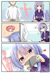 Rule 34 | 1boy, 1girl, admiral (kancolle), blue eyes, blush, comic, commentary request, controller, crescent, crescent hair ornament, game controller, hair between eyes, hair ornament, heart, highres, holding, holding controller, holding game controller, kantai collection, long sleeves, military, military uniform, naval uniform, playing games, purple hair, school uniform, serafuku, short hair with long locks, sitting, sou (soutennkouchi), twitter username, uniform, yayoi (kancolle)