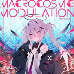 Rule 34 | 1girl, ahoge, album cover, bare shoulders, black jacket, blush, closed mouth, cover, detached sleeves, hair between eyes, hair ornament, jacket, long hair, looking at viewer, off shoulder, open clothes, open jacket, original, pink eyes, pink hair, sidelocks, sleeves past wrists, solo, soukou makura, twintails, upper body, x hair ornament