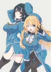 Rule 34 | 2girls, ascot, atago (kancolle), beret, black gloves, black legwear, blonde hair, blue eyes, blue headwear, breasts, commission, garter straps, gloves, grey background, hair between eyes, hat, kantai collection, large breasts, long hair, long sleeves, mitsuyo (mituyo324), multiple girls, one eye closed, open mouth, pantyhose, red eyes, short hair, simple background, skirt, takao (kancolle), thighhighs, uniform, w, white ascot