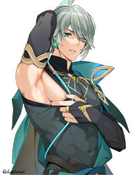 Rule 34 | 1boy, alhaitham (genshin impact), aqua eyes, aqua hair, arm up, armpits, cape, clothes pull, commentary request, covered navel, detached sleeves, genshin impact, grey hair, hair between eyes, looking at viewer, male focus, meiji (meiji770), multicolored eyes, multicolored hair, nipple slip, nipples, parted lips, pectorals, red eyes, sidepec, simple background, solo, toned, toned male, twitter username, upper body, white background