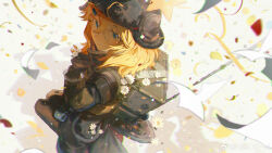 Rule 34 | 1girl, absurdres, backpack, bag, black bag, black coat, black hat, black pants, black sleeves, blonde hair, blue eyes, blue shirt, chinese commentary, clenched hands, closed mouth, coat, colored eyelashes, commentary request, confetti, daisy, flower, full body, girls&#039; frontline 2: exilium, glasses, hat, highres, holding hands, kneeling, light smile, long hair, long sleeves, looking at viewer, military hat, pants, riko-m, shadow, shirt, solo, star (symbol), streamers, watermark, weibo logo, weibo watermark, white background, white flower, wkp (girls&#039; frontline), yellow-framed eyewear