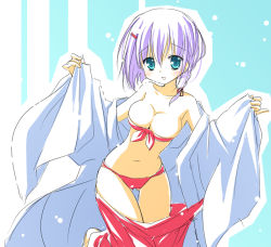 Rule 34 | 1girl, :o, bandeau, bare shoulders, bikini, bikini under clothes, blush, braid, breasts, bursting breasts, cleavage, collarbone, front-tie top, green eyes, haruki miharu, japanese clothes, master&times;re:master, medium breasts, miko, navel, off shoulder, purple hair, short hair, silver bullet automatic, solo, strapless, swimsuit, swimsuit under clothes, thigh gap, tube top, undressing, yuyi