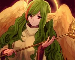 Rule 34 | 1girl, angel wings, breasts, closed mouth, dress, elona, eyebrows, eyelashes, eyes visible through hair, feathered wings, feathers, fingernails, green hair, hair between eyes, halo, head wings, holding, holding staff, jure of healing, kinu doufu, large breasts, long hair, multicolored hair, orange hair, red background, red eyes, sidelocks, sleeves past wrists, solo, staff, streaked hair, swept bangs, tareme, turtleneck, two-tone hair, upper body, very long hair, wavy hair, wide sleeves, wings, yellow dress, yellow wings