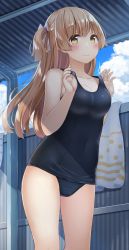 Rule 34 | 1girl, absurdres, blue one-piece swimsuit, breasts, brown hair, cameltoe, corrugated galvanized iron sheet, covered navel, crotch seam, day, hanabe (airutu0830 1), hands up, highres, long hair, looking at viewer, medium breasts, nervous smile, old school swimsuit, one-piece swimsuit, one side up, original, outdoors, school swimsuit, shade, smile, solo, standing, strap lift, sunlight, swimsuit, towel, wavy mouth, yellow eyes
