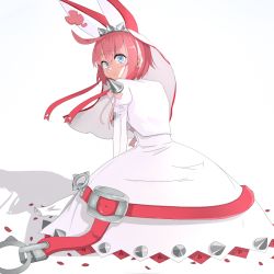 Rule 34 | 1girl, ahoge, arc system works, artist request, belt, blue eyes, blush, breasts, bridal veil, clover, crying, crying with eyes open, dress, elphelt valentine, four-leaf clover, from behind, guilty gear, guilty gear xrd, looking at viewer, looking back, petals, pink hair, ribbon, sad, shadow, short hair, sideboob, sitting, solo, spikes, tears, veil, wavy mouth, wedding dress, white dress