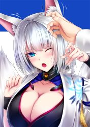 Rule 34 | 1girl, akeyama kitsune, animal ears, azur lane, blue background, blue eyes, blush, breasts, cleavage, commentary, eyes visible through hair, fox ears, fox tail, japanese clothes, kaga (azur lane), large breasts, looking at viewer, multiple tails, one eye closed, open mouth, short hair, simple background, solo focus, sweatdrop, tail, white hair, wristband