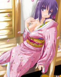 Rule 34 | 00s, 1girl, against wall, blush, breasts, cleavage, fate/stay night, fate (series), flower, hair in own mouth, hair ribbon, head tilt, japanese clothes, kimono, large breasts, long hair, matou sakura, no bra, off shoulder, petals, purple eyes, purple hair, q-gaku, ribbon, sitting, solo