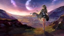 Rule 34 | 1girl, absurdres, asymmetrical sleeves, belt, braid, cloak, dusk, full moon, gloves, highres, long hair, moon, mountain, orange thighhighs, red nails, road, scenery, single glove, sky, solo, star (sky), starry sky, tadatsu, thighhighs, torn cloak, torn clothes, town, vocaloid, walking, white footwear, yuezheng ling