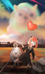 Rule 34 | 1girl, absurdres, animal, anya (spy x family), artist request, ballon, blush, bond (spy x family), dog, green eyes, highres, looking at viewer, medium hair, open mouth, pink hair, smile, solo, spy x family, white dog