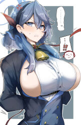 Rule 34 | 1boy, 1girl, ako (blue archive), anger vein, arms behind back, doodle sensei (blue archive), bell, black skirt, black thighhighs, blue archive, blue eyes, blue hair, blue jacket, blush, breasts, clenched teeth, collar, gin moku, gloves, hair between eyes, hairband, half gloves, halo, highres, jacket, large breasts, leash, long hair, long sleeves, looking at viewer, neck bell, sensei (blue archive), sideboob, skirt, solo, teeth, thighhighs