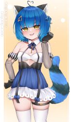 Rule 34 | 1girl, ahoge, animal ears, blue hair, blush, blush stickers, breasts, commission, dress, fang, flat chest, gloves, hair ornament, hairclip, highres, idol corp, key, looking at viewer, open mouth, poko rakun, raccoon ears, raccoon tail, ribbon, see-through, see-through sleeves, short hair, simple background, skirt, small breasts, tail, thighhighs, thighs, virtual youtuber