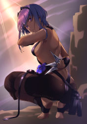 Rule 34 | 1girl, ass, back, bare back, bare shoulders, barefoot, breasts, cobacomimiz33, dark-skinned female, dark skin, fate/grand order, fate/prototype, fate/prototype: fragments of blue and silver, fate (series), hair ornament, hairclip, hassan of serenity (fate), holding, holding weapon, kunai, looking at viewer, looking back, purple eyes, purple hair, short hair, solo, squatting, weapon