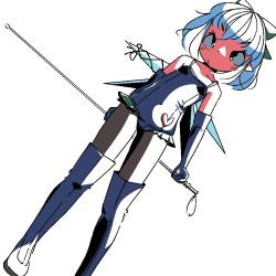 Rule 34 | 1girl, alternate costume, black eyes, blue hair, blush, boots, bow, cirno, dominatrix, elbow gloves, frilled leotard, frills, gloves, green bow, hair bow, huxiao (mistlakefront), ice, ice wings, leotard, pantyhose, short hair, thigh boots, thighhighs, touhou, white background, wings