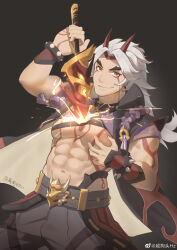 Rule 34 | 1boy, abs, absurdres, arataki itto, bara, bracelet, choker, facepaint, feet out of frame, genshin impact, highres, holding, holding weapon, horns, human scabbard, jewelry, large pectorals, long hair, looking at viewer, male focus, navel, oni, oni horns, parody, pectorals, red eyes, sanpaku, smile, solo, spiked bracelet, spiked choker, spikes, stomach, thick eyebrows, toned, toned male, weapon, white hair, xian goutou hz