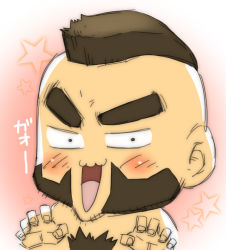 Rule 34 | 1boy, bara, beard, blush, chest hair, chibi, facial hair, hands up, looking at viewer, male focus, mature male, mohawk, naughty face, raised eyebrows, short hair, solo, street fighter, terujirou (masateruteru), thick eyebrows, translation request, upper body, zangief