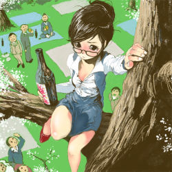 Rule 34 | 1girl, 6+boys, alcohol, bad id, breasts, cherry blossoms, cleavage, drunk, folded ponytail, glasses, in tree, multiple boys, office lady, pencil skirt, pomodorosa, ponytail, sake, sitting, sitting in tree, skirt, tree
