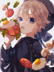 Rule 34 | 1boy, artist request, bacon, blonde hair, blue eyes, bread slice, commentary, egg (food), food, from side, hair between eyes, hat, holding, holding food, lettuce, looking at viewer, male focus, open mouth, original, shrimp, solo, teeth, toast, tomato