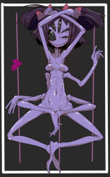 Rule 34 | 1girl, barefoot, bow, colored skin, extra arms, extra eyes, fangs, feet, female focus, hair bow, heart, highres, monster girl, muffet, naughty face, navel, no nipples, nude, purple skin, short twintails, solo, tomatojam, twintails, undertale