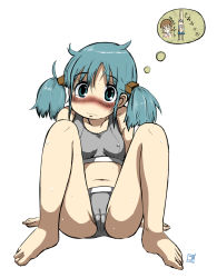 Rule 34 | 1girl, aioi yuuko, blush, breasts, cameltoe, covered erect nipples, naganohara mio, navel, nichijou, panties, small breasts, solo, sports bra, spread legs, twintails, underwear