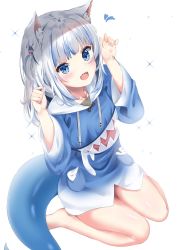 Rule 34 | 1girl, :d, aizawa (aizawatsu), animal ears, barefoot, blue eyes, blue hair, blue hoodie, cat ears, collarbone, drawstring, fins, fish tail, full body, gawr gura, gawr gura (1st costume), hands up, heart, highres, hololive, hololive english, hood, hood down, hoodie, kemonomimi mode, long hair, long sleeves, looking at viewer, multicolored hair, open mouth, shark tail, sharp teeth, silver hair, simple background, sitting, smile, solo, sparkle, streaked hair, tail, teeth, virtual youtuber, wariza, white background, wide sleeves
