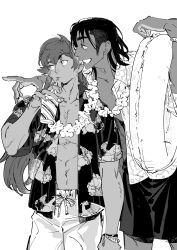 Rule 34 | 2boys, atie1225, beard, black hair, bracelet, charizard, closed mouth, collared shirt, cowboy shot, creatures (company), cup, dark-skinned male, dark skin, disposable cup, drinking, drinking straw, earrings, facial hair, flower, flower necklace, game freak, gen 1 pokemon, greyscale, grin, hand up, hawaiian shirt, highres, holding, holding cup, holding swim ring, innertube, jewelry, lei, leon (pokemon), long hair, looking to the side, male focus, monochrome, multiple boys, necklace, nintendo, open clothes, open shirt, pointing, pokemon, pokemon swsh, raihan (pokemon), shirt, short hair, short sleeves, shorts, simple background, smile, standing, swim ring, white background