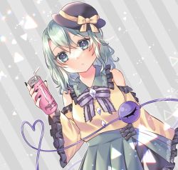 Rule 34 | 1girl, adapted costume, black nails, blush, bow, dutch angle, frills, hat, hat bow, hayu (hayu e), heart, heart-shaped pupils, heart of string, highres, holding, komeiji koishi, long sleeves, looking at viewer, monster energy, nail polish, shirt, skirt, solo, striped background, striped bow, striped clothes, striped shirt, symbol-shaped pupils, third eye, touhou, vertical stripes, yellow shirt