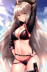 Rule 34 | 1girl, absurdres, ahoge, arm up, bikini, black bikini, black gloves, breasts, brown eyes, choker, cleavage, cloud, cowboy shot, fate/grand order, fate (series), frown, gloves, grey hair, halterneck, hand on own hip, highres, holding, jeanne d&#039;arc alter (swimsuit berserker) (fate), jeanne d&#039;arc (fate), jeanne d&#039;arc alter (fate), jeanne d&#039;arc alter (swimsuit berserker) (fate), large breasts, leg belt, long hair, long sleeves, looking at viewer, navel, shouu-kun, shrug (clothing), solo, stomach, swimsuit, thighs, very long hair