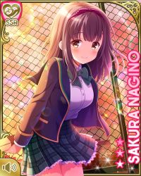 Rule 34 | 1girl, arms behind back, blazer, blue jacket, bow, breasts, brown eyes, brown hair, card (medium), chainlink fence, closed mouth, day, girlfriend (kari), green skirt, hair bow, jacket, large breasts, medium hair, nagino sakura, official art, open clothes, open jacket, outdoors, plaid, plaid skirt, qp:flapper, rooftop, school uniform, shirt, shoes, skirt, smile, socks, solo, standing, sunset, tagme, white shirt