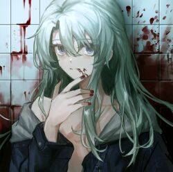 Rule 34 | 1girl, black jacket, blood, blood from mouth, blood on face, blood on wall, blue eyes, expressionless, green hair, highres, hood, hood down, implied murder, jacket, komenomoku, long hair, long sleeves, looking at viewer, naked jacket, open clothes, original, red nails, single bare shoulder, solo, upper body