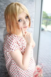 Rule 34 | blonde hair, cosplay, dress, glasses, highres, ichigo mashimaro, mamiya tamaki, photo (medium), sakuragi matsuri, strawberry pattern