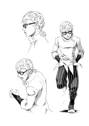 Rule 34 | 1boy, anger vein, angry, chounorin, curly hair, fingerless gloves, full body, ghiaccio, glasses, gloves, greyscale, hands in pockets, high collar, highres, jacket, jojo no kimyou na bouken, lineart, long sleeves, monochrome, multiple views, open mouth, pinstripe pattern, profile, shoes, short hair, sneakers