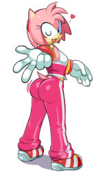 Rule 34 | 1girl, absurdres, amy rose, ass, blowing kiss, facing away, full body, furry, furry female, gloves, green eyes, heart, highres, looking at viewer, looking back, one eye closed, open mouth, pants, pink pants, shirt, shoes, simple background, sleeveless, solo, sonic (series), tobias leviathan, white background, white gloves