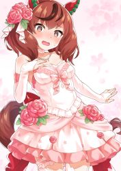 Rule 34 | 1girl, @ @, animal ears, blush, breasts, cleavage, collarbone, commentary request, dress, flower, hair flower, hair ornament, highres, horse ears, horse girl, horse tail, looking at viewer, medium breasts, nice nature (umamusume), open mouth, red hair, simple background, solo, sweatdrop, tail, ug (nekonekodou), umamusume, wedding dress, yellow eyes
