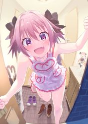 Rule 34 | 1boy, :d, alternate costume, apron, astolfo (fate), bare arms, bare legs, bare shoulders, black bow, blush, bow, braid, bright pupils, brown footwear, closed umbrella, collarbone, crying, crying with eyes open, door, doorway, fang, fate/apocrypha, fate/grand order, fate (series), figure, fisheye, frilled apron, frills, hair bow, happy tears, heart, highres, indoors, leg up, long hair, looking at viewer, male focus, multicolored hair, naked apron, open mouth, p answer, pink footwear, pink hair, pov doorway, purple eyes, purple footwear, shelf, shoes, single braid, skin fang, slippers, smile, solo, standing, standing on one leg, streaked hair, tareme, tears, trap, umbrella, umbrella stand, very long hair, white apron, white hair