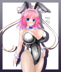 Rule 34 | 1girl, animal ears, bare shoulders, blue eyes, blush, bow, bowtie, breasts, rabbit ears, rabbit tail, cleavage, covered navel, cowboy shot, detached collar, fake animal ears, fishnet pantyhose, fishnets, flying sweatdrops, hand on own hip, highres, huge breasts, kogarashi (wind of winter), leotard, long hair, looking at viewer, maid headdress, open mouth, original, pantyhose, pink hair, playboy bunny, solo, strapless, tail, wrist cuffs