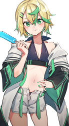 Rule 34 | 1girl, bikini, blonde hair, blue bikini, blush, breasts, cleavage, closed mouth, coat, food, green eyes, green hair, hair between eyes, hair ornament, hairclip, halterneck, hand on own hip, highres, holding, holding food, holding popsicle, looking at viewer, midriff, multicolored hair, navel, open clothes, open coat, original, popsicle, sho bu 1116, short hair, shorts, simple background, small breasts, solo, swimsuit, white background, white shorts