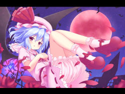 Rule 34 | 1girl, ascot, bat (animal), bat wings, bloomers, blue hair, bow, hakuto (28syuku), hat, hat bow, interlocked fingers, letterboxed, mary janes, mob cap, moon, night, own hands together, petals, red eyes, red moon, remilia scarlet, shoes, solo, touhou, underwear, upskirt, wings