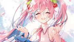 Rule 34 | 1girl, 39, blue hair, blue nails, cherry hair ornament, closed eyes, detached sleeves, food-themed hair ornament, hair ornament, hatsune miku, long hair, multicolored hair, nail polish, necktie, open mouth, pink hair, pink nails, sakura miku, smile, solo, two-tone hair, very long hair, vocaloid, zhong chai