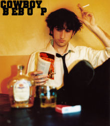 Rule 34 | 1boy, alcohol, black hair, book, bottle, cigarette, cosplay, cosplay photo, cowboy bebop, cup, drinking glass, glass, crossed legs, liquor, male focus, necktie, open book, photo (medium), reading, sitting, smoking, solo, spike spiegel, spike spiegel (cosplay), table, whiskey
