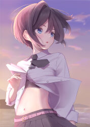 Rule 34 | 1girl, :o, belt, black bra, black necktie, black skirt, blue eyes, bra, brown hair, evening, gradient sky, highres, holding paper airplane, long sleeves, looking away, looking to the side, navel, necktie, open clothes, open mouth, open shirt, original, outdoors, paper airplane, partially unbuttoned, pleated skirt, shirt, short hair, skirt, sky, solo, sunlight, underwear, upper body, white shirt, yuna rebun
