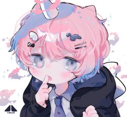 Rule 34 | 1boy, animal ears, black jacket, blue eyes, blue necktie, collared shirt, commentary request, cotono (nazekun), finger to mouth, hair ornament, hairclip, highres, hood, hood down, hooded jacket, horns, jacket, long sleeves, male focus, necktie, open clothes, open jacket, open mouth, original, pink hair, portrait, shirt, short hair, single horn, solo, white shirt