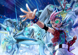 Rule 34 | 2boys, alien, armor, astral (yu-gi-oh!), belt, black hair, bracelet, chomose, colored skin, commentary, cropped legs, duel disk, duel monster, earrings, fingerless gloves, gloves, heterochromia, hood, hood down, hooded jacket, jacket, jewelry, male focus, multicolored hair, multiple boys, number 99 utopia dragonar, number f0 utopic draco future, open hand, open mouth, outstretched arm, pants, red eyes, red hair, red jacket, single glove, sleeveless, sleeveless jacket, space, spiked hair, tsukumo yuuma, white eyes, white pants, yellow eyes, yu-gi-oh!, yu-gi-oh! zexal