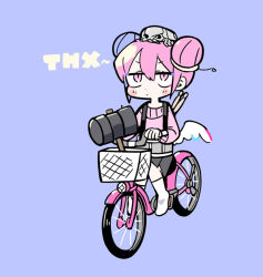 Rule 34 | 1girl, angel wings, animal, animal on head, ankle socks, bicycle, black skirt, blush stickers, bug, closed mouth, commentary request, datenshi-chan (nanawo akari), double bun, drumsticks, eyelashes, full body, hair bun, indie utaite, long sleeves, looking ahead, miniskirt, nanawo akari, on head, pink eyes, pink hair, pink sleeves, pink sweater, pleated skirt, purple background, riding, riding bicycle, short hair, simple background, skirt, socks, solo, suspenders, sweater, terada tera, thank you, utaite, v-shaped eyebrows, white socks, white wings, wings