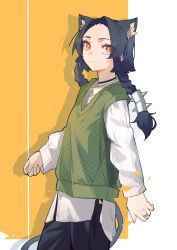 Rule 34 | 1girl, animal ear fluff, animal ears, black choker, black hair, black pants, braid, cat ears, cat girl, cat tail, choker, closed mouth, collared shirt, dress shirt, forehead, highres, jewelry, kamatpit, long hair, long sleeves, looking at viewer, orange background, orange eyes, original, pants, parted bangs, puffy long sleeves, puffy sleeves, ring, shirt, solo, spikes, sweater vest, tail, twin braids, two-tone background, white background, white shirt