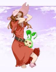 Rule 34 | 1girl, belt, boots, brown eyes, brown gloves, brown hair, capelet, cloud, cloudy sky, commentary, cropped legs, digimon, digimon (creature), dress, gloves, hands up, hat, knee up, looking at viewer, materclaws, pink footwear, pink hat, purple background, purple sky, red dress, sky, solo, sun hat, tachikawa mimi, tanemon